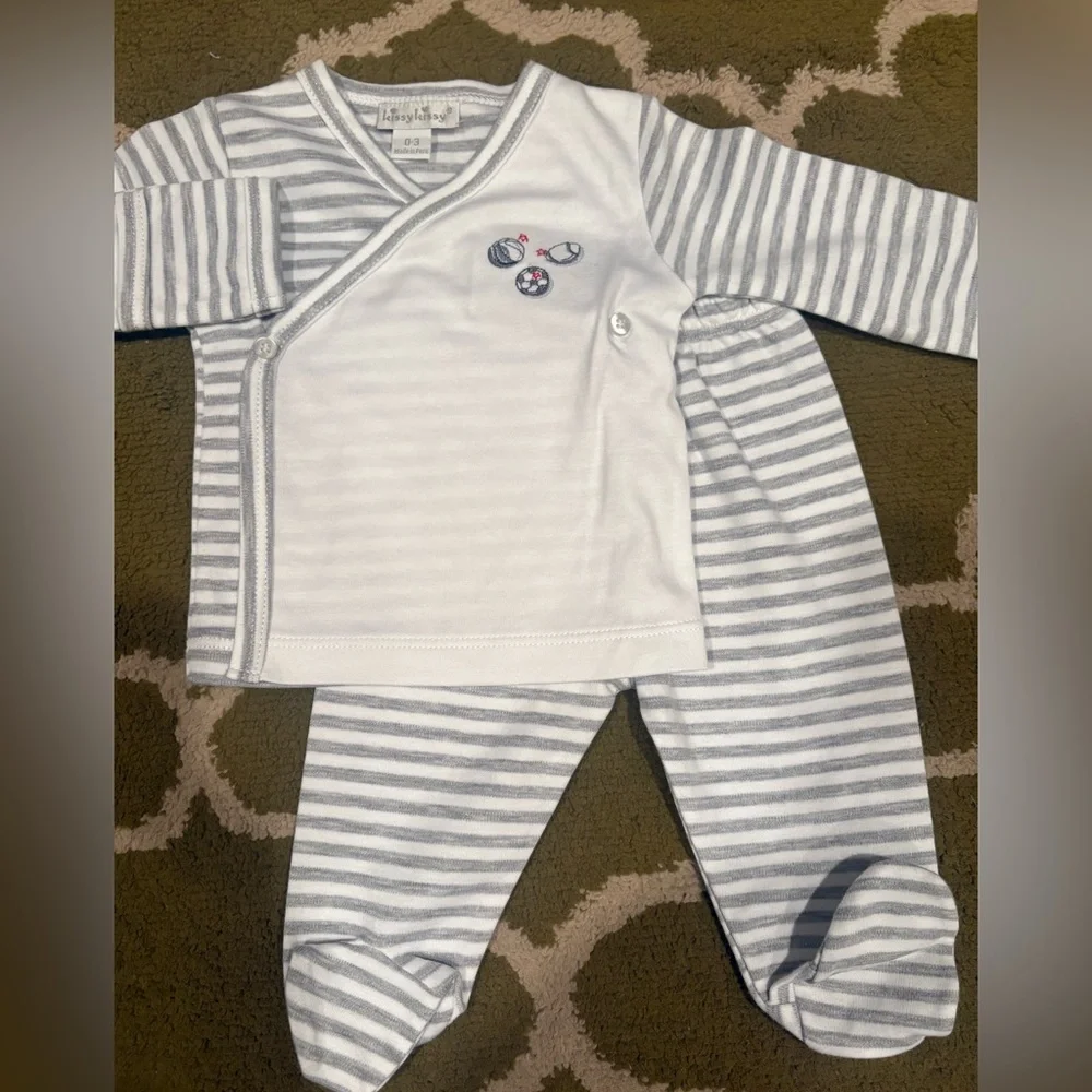 Kissy Kissy Gray & White Striped Set w/ Sports Embroidery Size 0-3